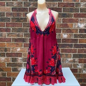 Free People Embroided Dark Red Boho Tunic Dress Deep V-neck Size Small